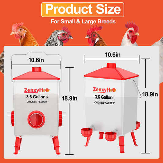 ZenxyHoC 3.6 Gallons Chicken Feeder and Waterer Set with Adjustable Legs and Anti Roost Cone
