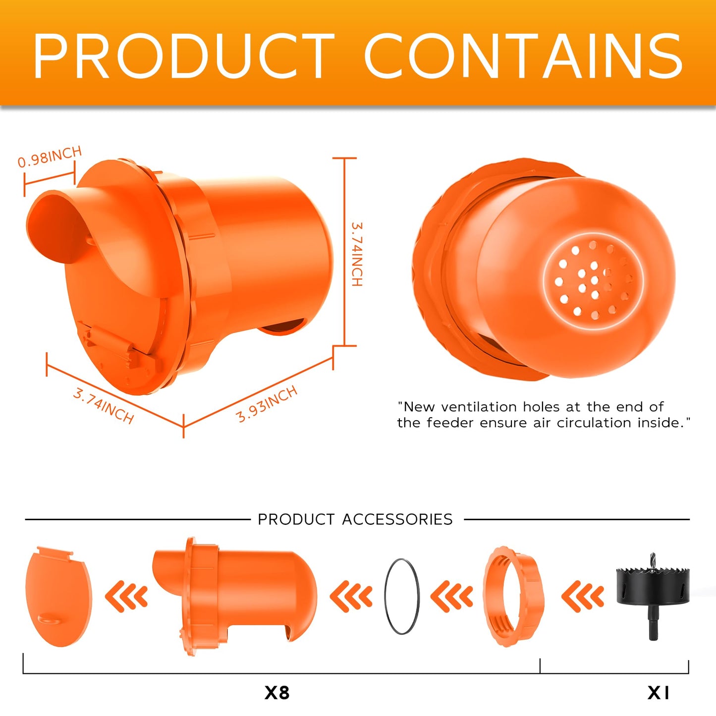 Chicken Feeder Port 8pcs Poultry No Waste Port Kit with Stopper Lid, 1 Hole Saw, DIY Automatic Reusable Coop Feeders, Rain Proof Gravity Feeding Geese Duck Hens Rooster for Bucket Barrel Bin (Orange)