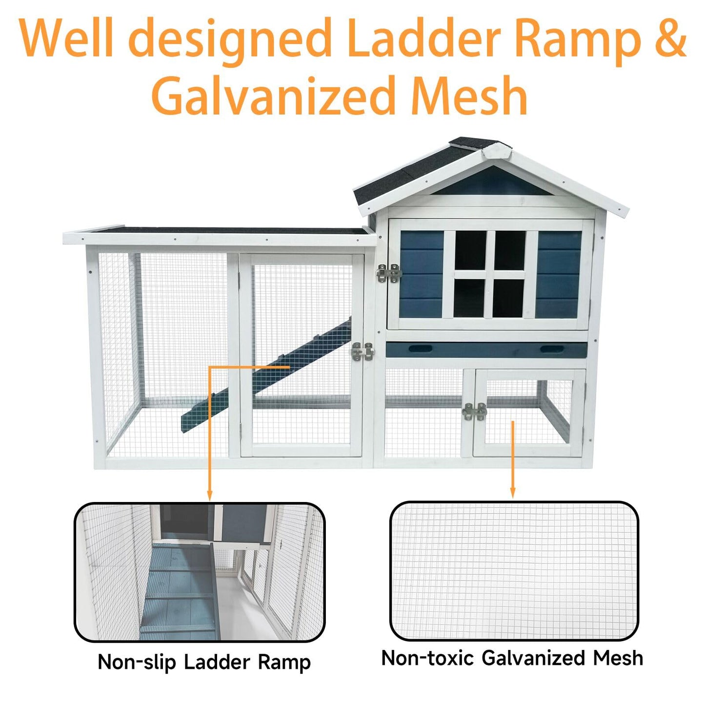 Large Outdoor Rabbit Hutch Weatherproof 2-Story Chicken Coop & Bunny Cage, Wooden Indoor/Outdoor Pet House with No-Leak Tray, Waterproof Roof & Pull-Out Tray (56.8" L x 34.7" H, Grey Blue&White)