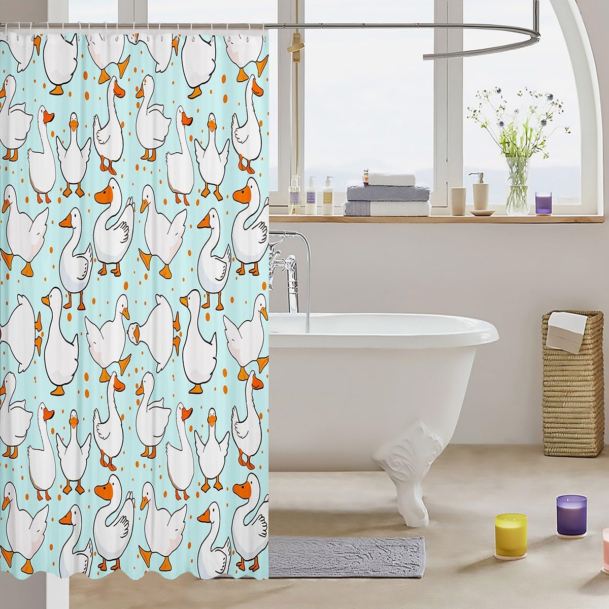 Homewish Cartoon Goose Shower Curtains,Lovely Duck Funny Sketch Blue Bath Curtain,Cute Farmhouse Livestock Animal Waterproof Fabric Curtain with Hooks Bathroom Decor, 72Wx72L inch