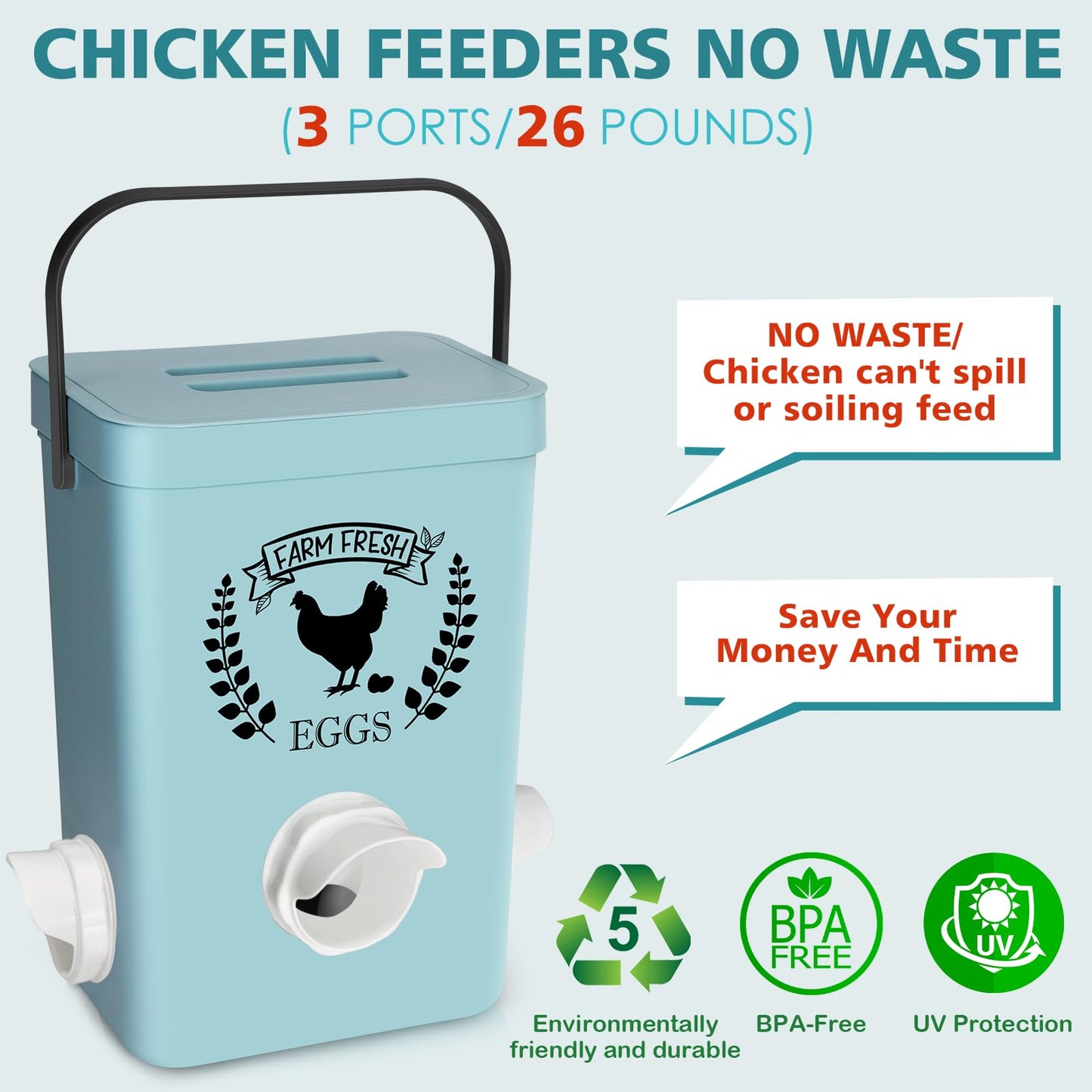 ‎Tgeyd Chicken Feeder and Chicken Waterer Set (3 Gallon/26 Pounds) - Hanging Automatic Chicken Feeder No Waste - Chicken Coop Accessories - Poultry Waterer