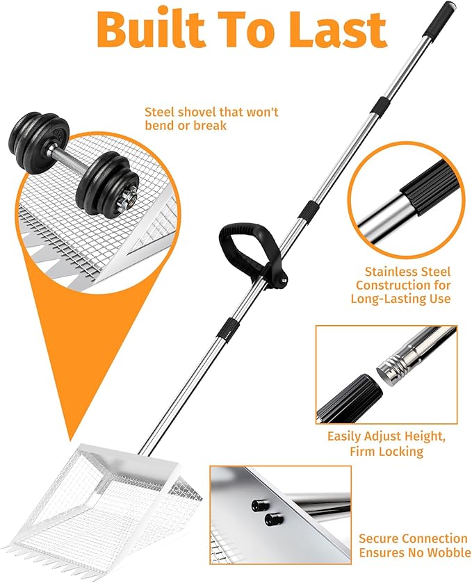 Chicken Poop Scooper & Rake - 2-in-1 Metal Chicken Coop Scoop for Sand with 22 to 62" Adjustable Handle, Litter Sifting Shovel Cleaning Tools for Chicken Run, Animal Farm, Duck Coop, Silver