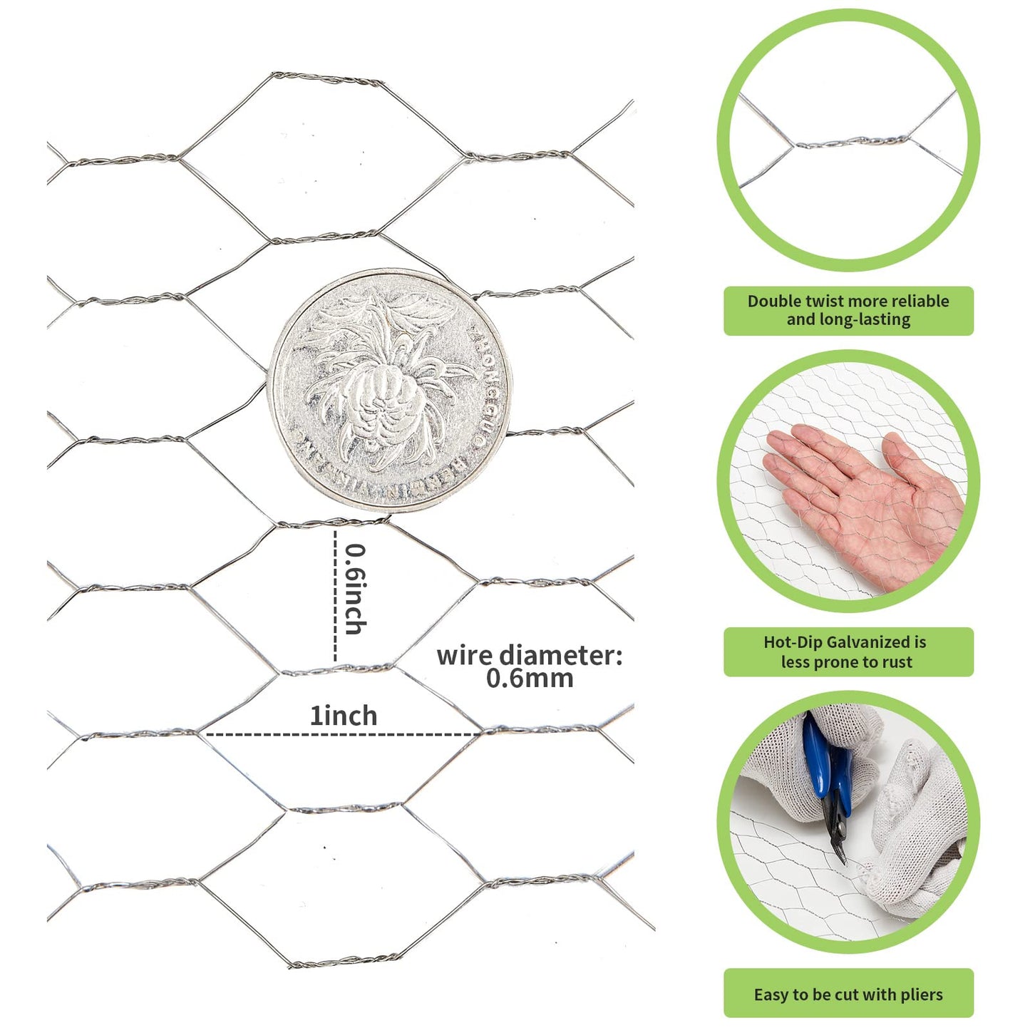 MIVERYEA Chicken Wire Fencing 16.9 Inch x 32.8 Ft, Metal Chicken Wire Fencing Mesh for Crafts, 0.6 Inch Hexagonal Galvanized Netting for Poultry Rabbit Coop