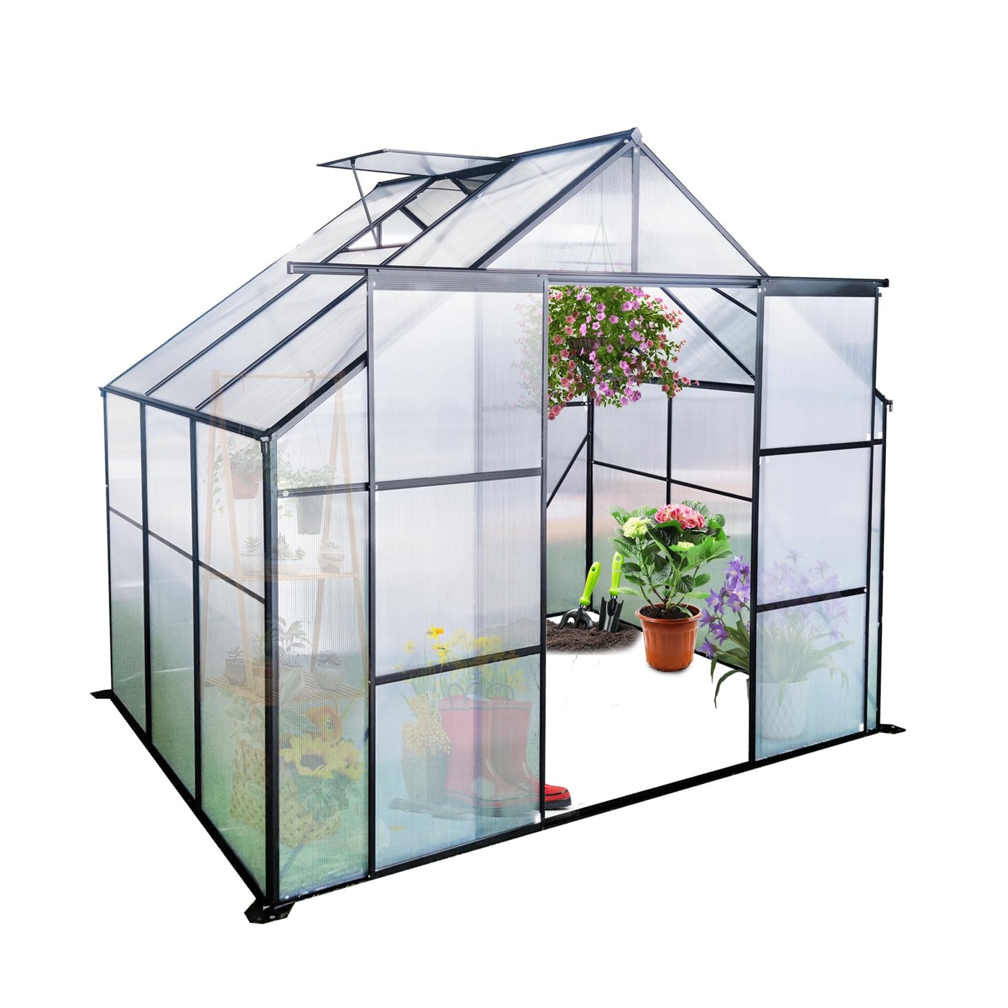 Favfurish 8X6 FT Greenhouses for Outdoors,Double Sliding Door Polycarbonate Greenhouse,Heavy Duty Walk-in Greenhouse, Drainage System & Galvanized Frame for Garden Backyard, Black