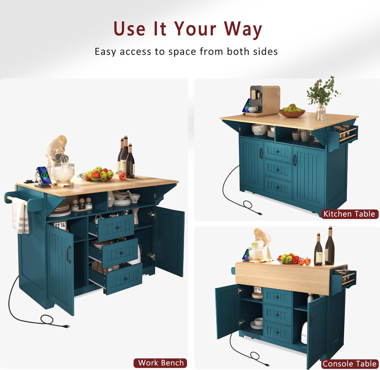 Merax 55.7" Large Kitchen Cart Island on Wheels with 2 Drop Leaf,Power Outlet,3 Drawers,Wood Cabinet for Dining Room