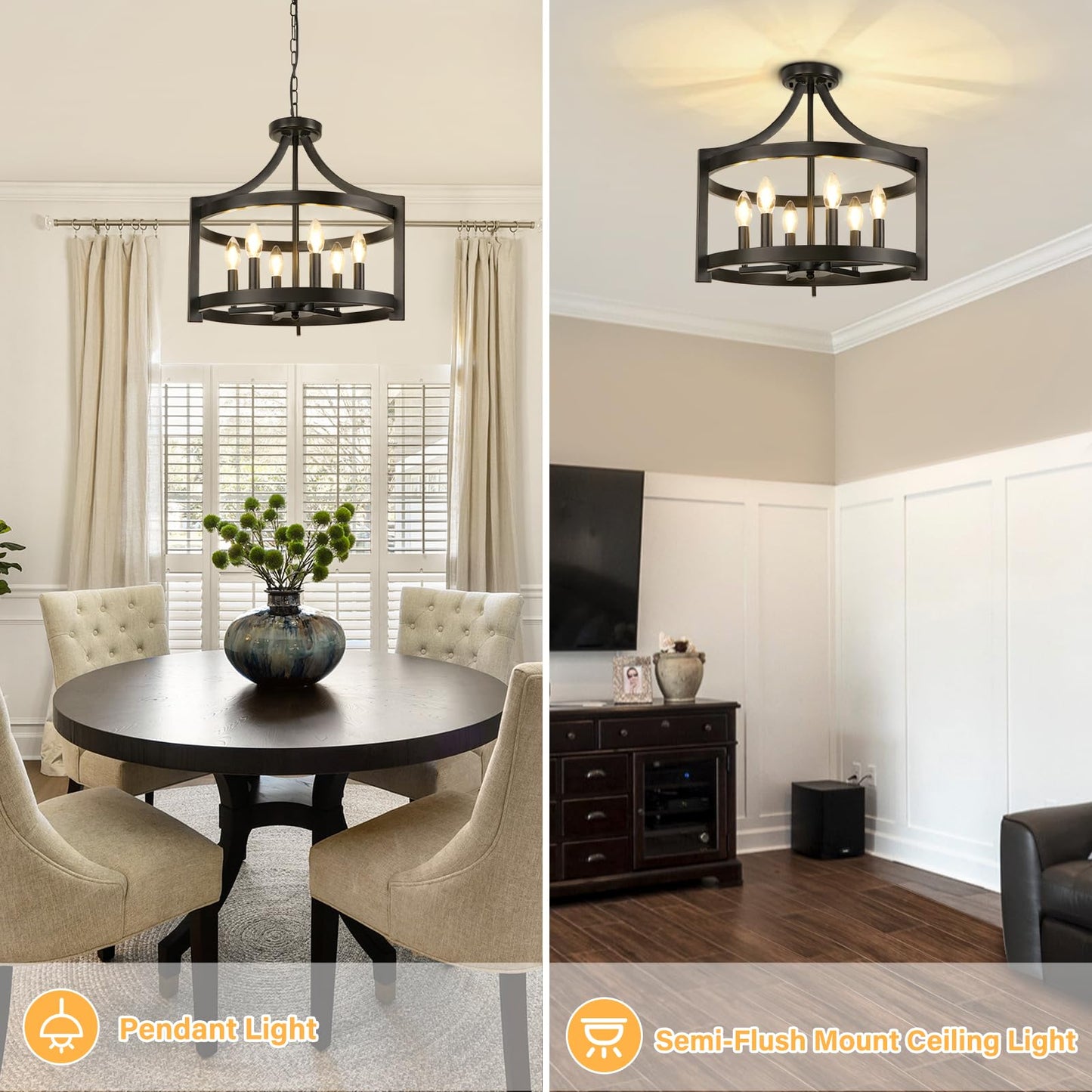 WBinDX 6-Light Modern Farmhouse Chandelier, Black Hanging Pendant Lighting, Convertible Semi Flush Mount Ceiling Light Rustic Cage Glass Chandeliers for Dining Room Kitchen Bedroom Foyer Entryway