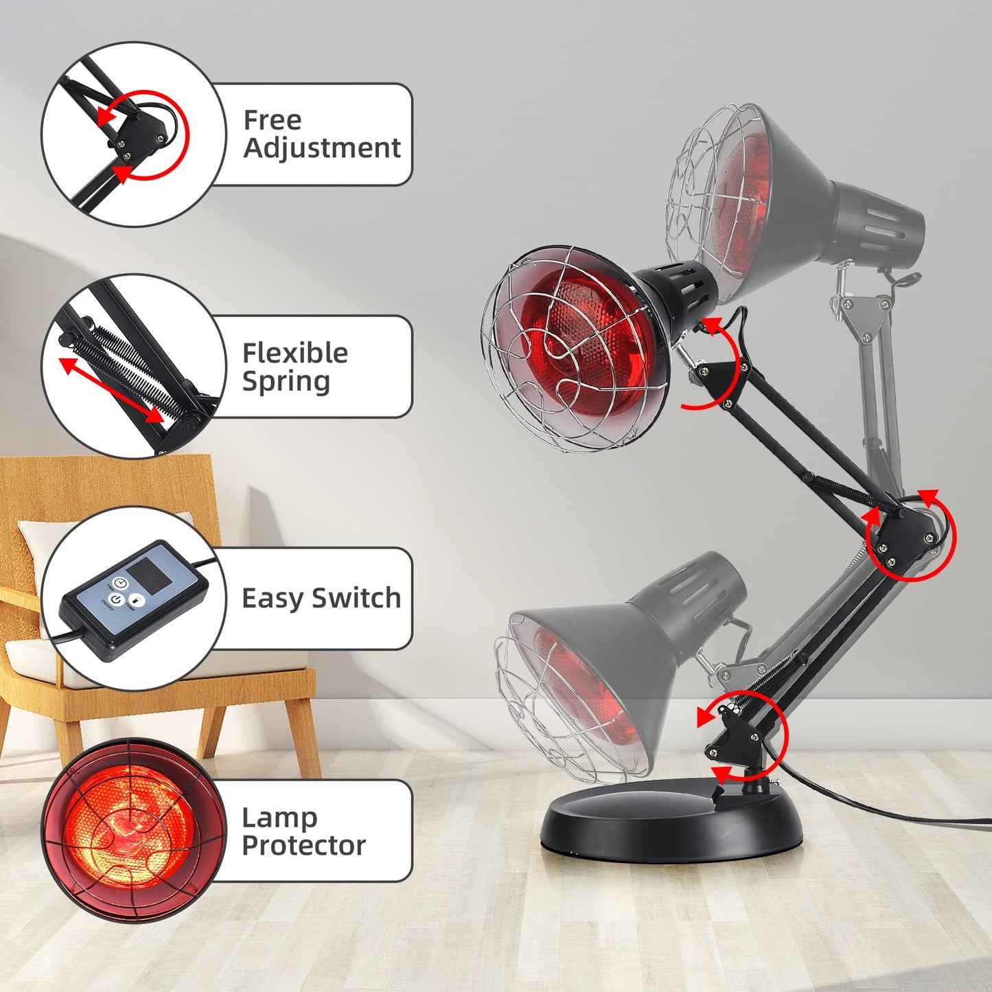 Okyna Infrared Red Light Therapy with Sturdy Base, Heat Lamp Device with 150W Bulb, Adjustable Near Infrared Light Heat Lamp Set for Body Neck Shoulder Joints Back Pain Relief