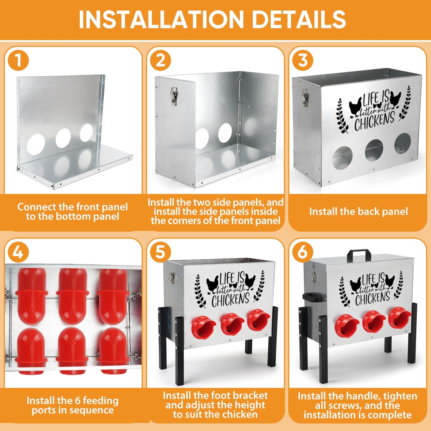 ‎Tgeyd Chicken Feeder Box 30 lbs Galvanized Metal, 6 Feeding Ports, Comes with Metal Feeder Box Stands for Chickens, Ducks, Geese
