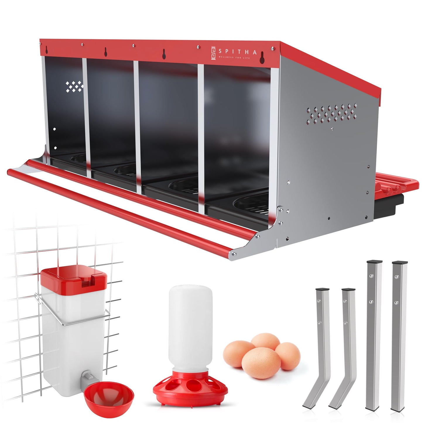 SPITHA Nesting Boxes for Chickens - 4 Hole Reverse Chicken Nesting Box Laying Eggs Coop Compartment Galvanized Stainless Steel and Plastic Nest Roll Out with Perch to 20 Hens with Lid to Protect Eggs.