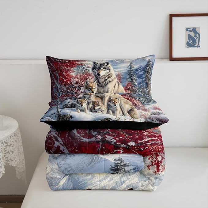 Wolf Family Comforter Sets Toddler Size,Animal Wolves Printed Bedding Comforter Sets,Winter Wildlife Quilt Sets for Adult Bedroom Decor,Watercolor Natural Landscape quilt set Insert with 1 Pillowcase