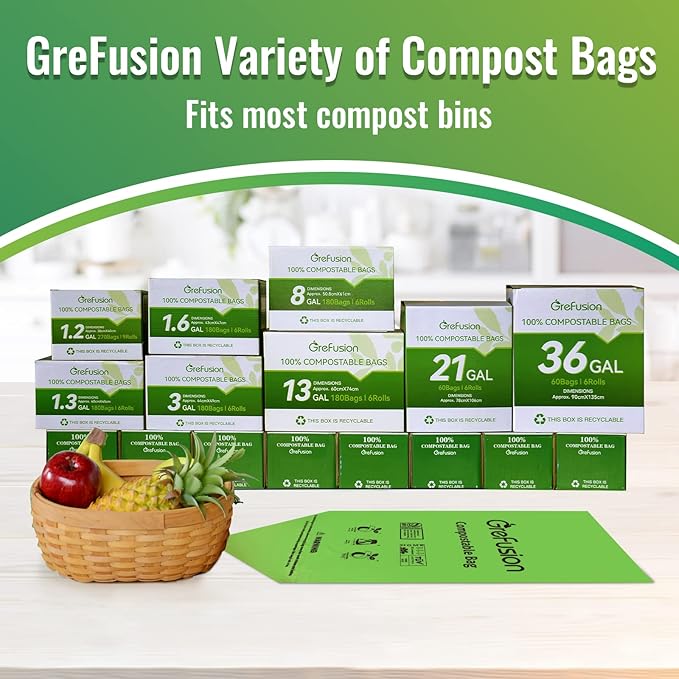 GreFusion Compostable Trash Bags, Small 2.6 Gallon, 270 Count, 0.72 Mils Thick, Eco Friendly, ASTM D6400 & BPI Certified, Composts Food Scraps, No Leaks