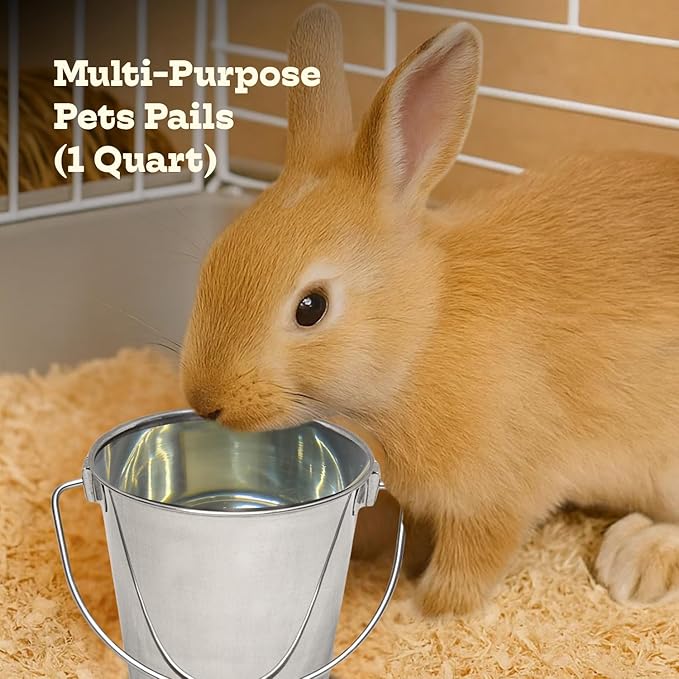 1 Quart Heavy Duty Stainless Steel Round Bucket with Handle | Fits kennel Cage Critter Crates Farm | Durable Food & Water Pail for Small Pet Birds Dog Cat | Livestock Multipurpose Buckets