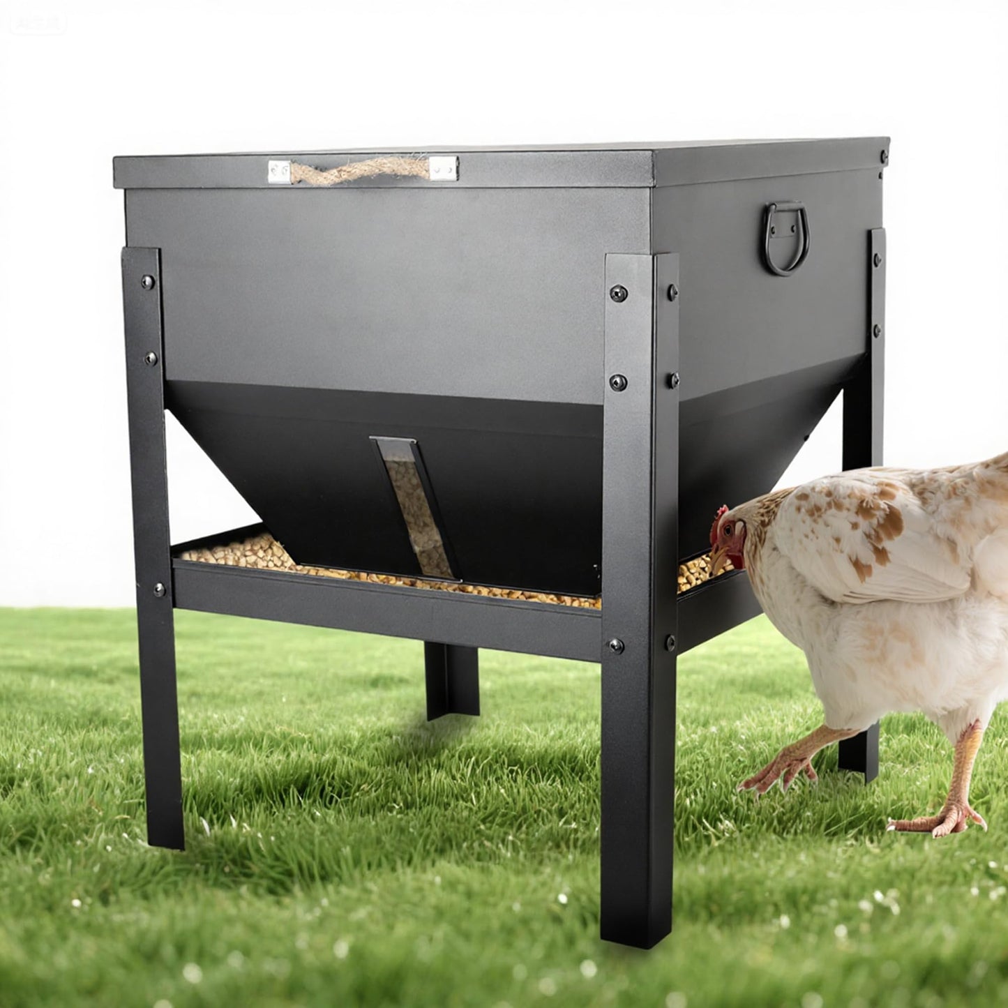 KOL 80LBs Chicken Feeder No-Waste, Galvanized Steel Large Capacity Chicken Feeder, Portable Poultry Feeder with Waterproof Lid for Hens and Roosters, Coops & Outdoors