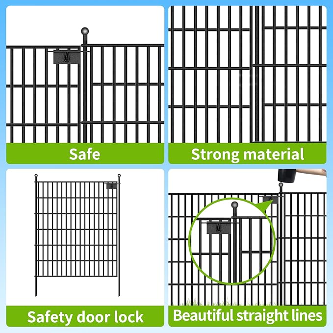 10 Panels No Dig Garden Fence with Gate, 32 in(H) X24.2 ft(L) Metal Fence Panels, Thickened Rustproof Garden Fencing, Animal Barrier Fence for Dogs, Rabbits, and Patio