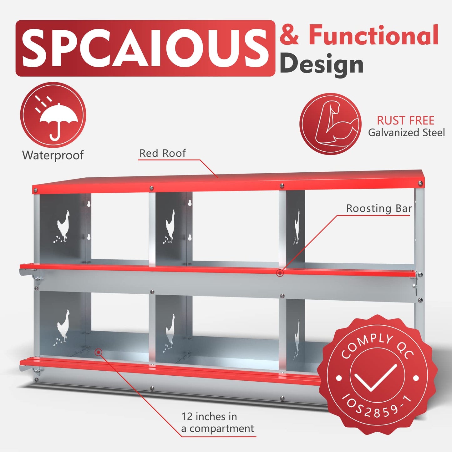 Chicken Nesting Boxes - 6 Compartment Metal Poultry Nest Box Wall Mount for Chickens, Hens, Ducks - Easy Egg Collection - Large Vented Holes Chicken Coop Equipment (6 Compartment)