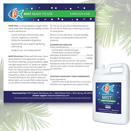 FOOP Mist (Refill) - Organic Foliar Spray Made from Fish Manure (with Fresh Minty Scent) | Corrects & Prevents Plant Nutrient Deficiencies | Ready to Use, No Mixing Required (1 Gallon)
