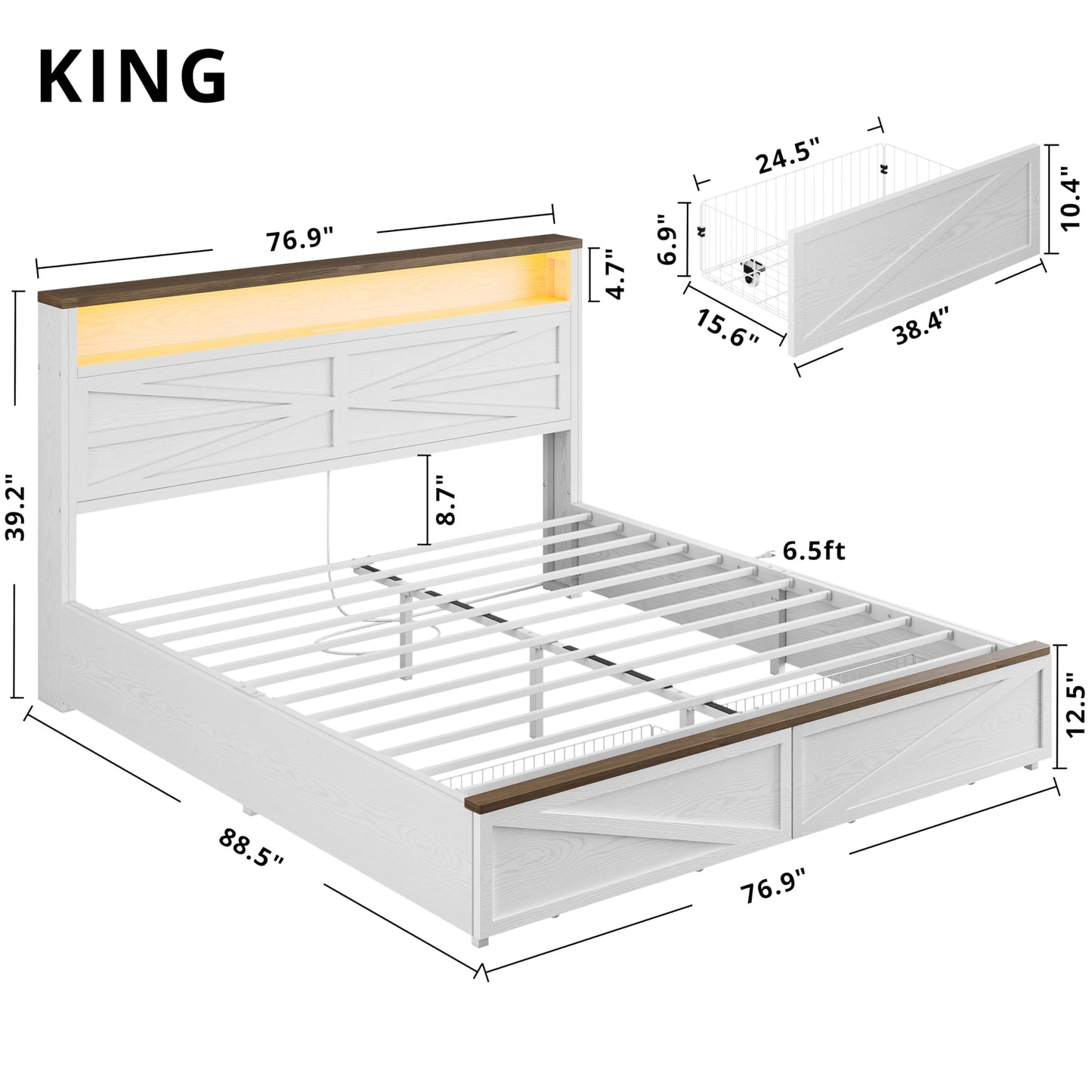 IRONCK Farmhouse King Size Bed Frame with LED Light and Charging Station, Wood Bed Frame with Storage Headboard and 2 Drawers， Barn Door Design, Sturdy and Noiseless, White