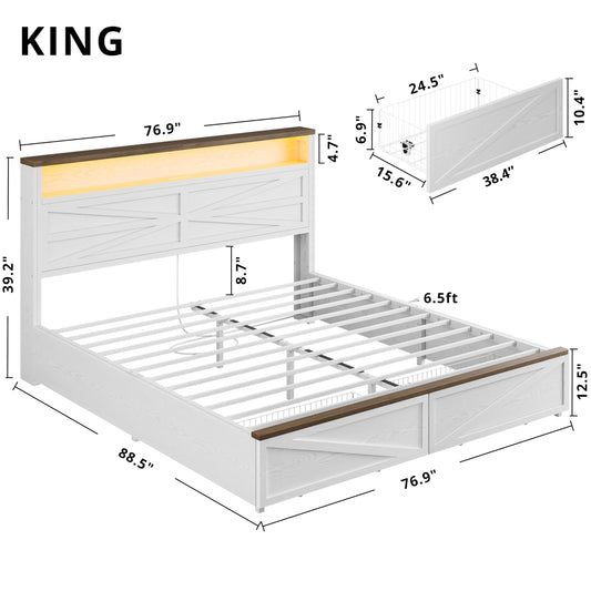 IRONCK Farmhouse King Size Bed Frame with LED Light and Charging Station, Wood Bed Frame with Storage Headboard and 2 Drawers， Barn Door Design, Sturdy and Noiseless, White