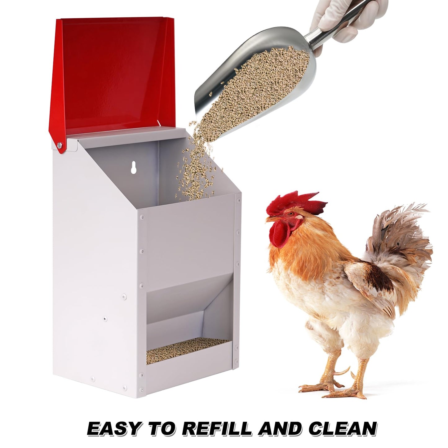 ZHEQOGZH Automatic Metal Chicken Feeder Galvanized Poultry Feeder with Lid Outdoor Wall Mount Chicken Food Dispenser Gravity Fed Chicken Feeder Weatherproof No Waste Quail Duck Feeder (10LBS)