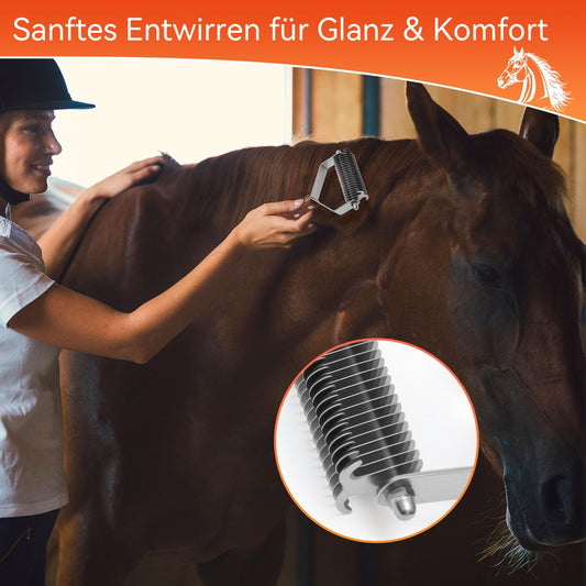 2-Sided Horse Comb Mane Deshedding Tool Goats Cow Brush for Grooming,Horse Brush Set with Leather Show Comb Holder,40 Stainless Blades and Wood Handle,Livestock,Pet