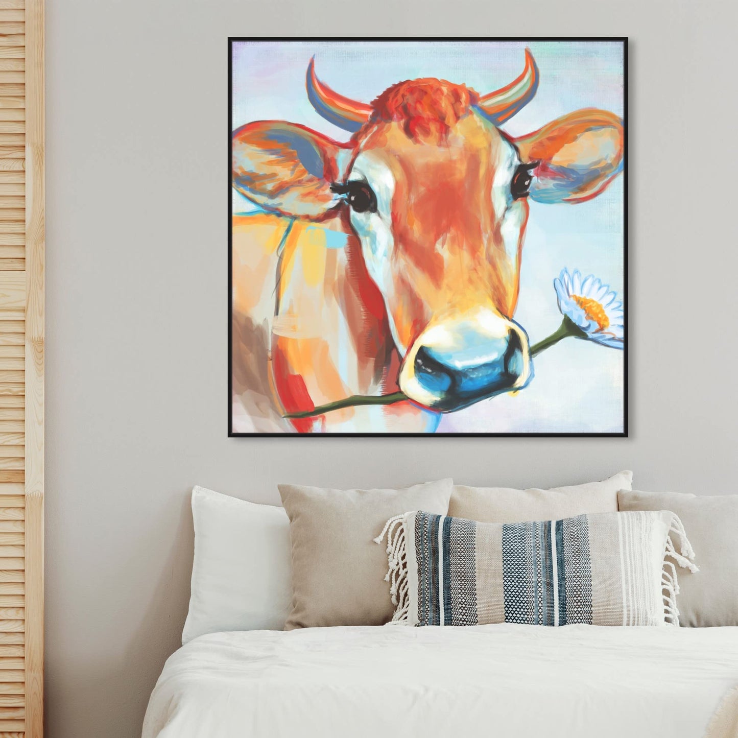 Country Farmhouse Canvas Print Painting Animal Wall Art 'Happy Cow with Flower' Black Framed Canvas Rustic Home Décor 40x40 in Orange, Brown by Oliver Gal