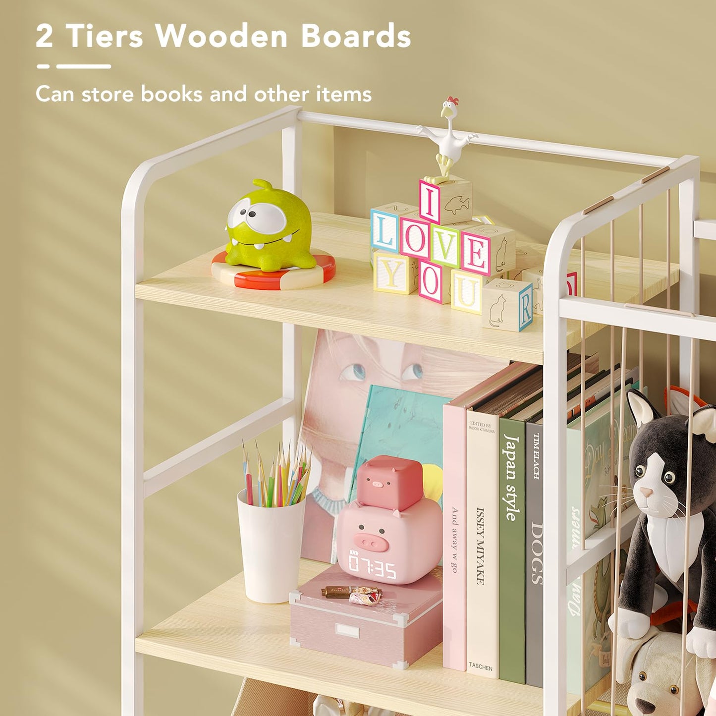 BBLIKE Stuffed Animal Storage - Stuffed Animal Net with Kids Bookshelf and Toy Organizer, 2-Tier White Bookshelf with Stuffed Animal Holder and Fabric Toy Chest for Kids Room, Playroom, Nursery, Beige