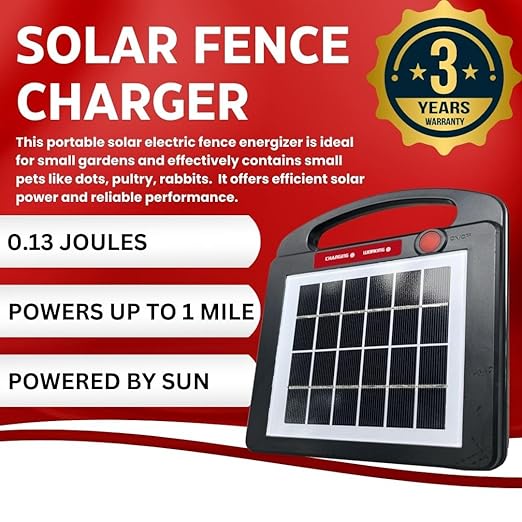 Solar Electric Fence Charger for Day and Night Power | Red Sizzle 1XS | 0.13 Joule | Portable Solar Energizer for Livestock for Small Gardens, Keep Our Small Pests