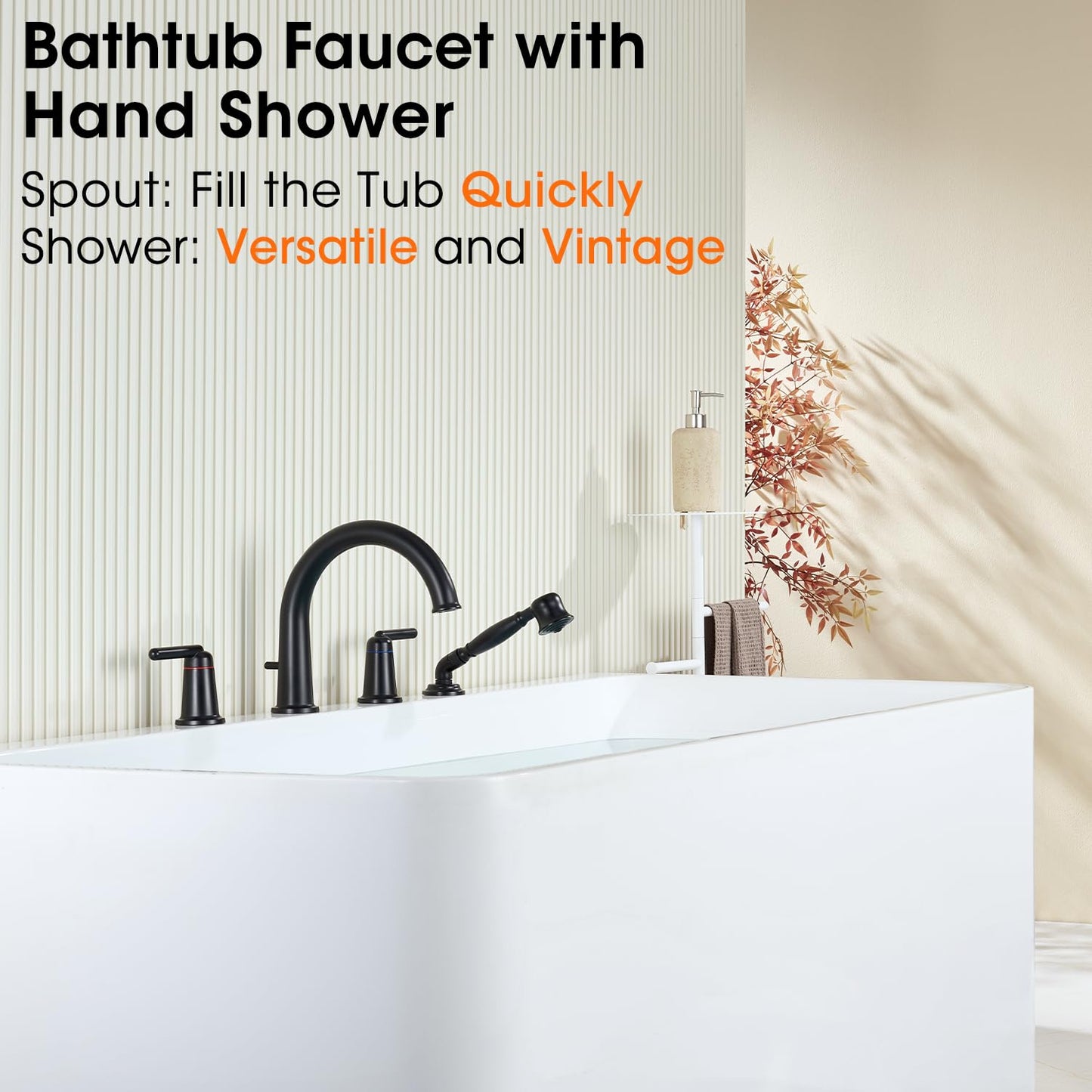 Wintap Bathtub Faucet Trim Kit with Hand Shower and Rough-in Valve Deck Mount 4 Hole High Flow Classic High Arch Tub Faucets Black, WT-9808BK