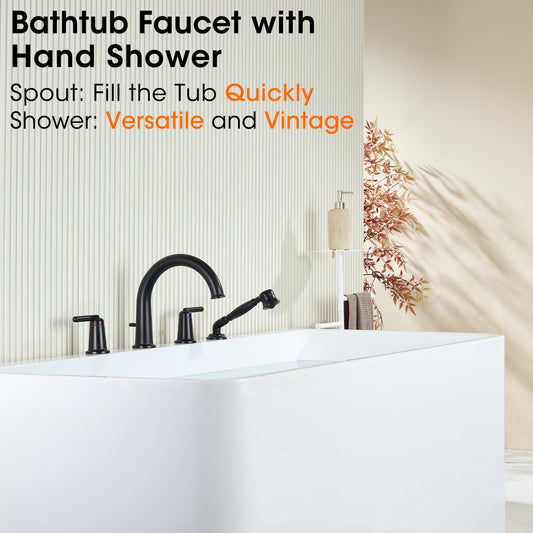 Wintap Bathtub Faucet Trim Kit with Hand Shower and Rough-in Valve Deck Mount 4 Hole High Flow Classic High Arch Tub Faucets Black, WT-9808BK