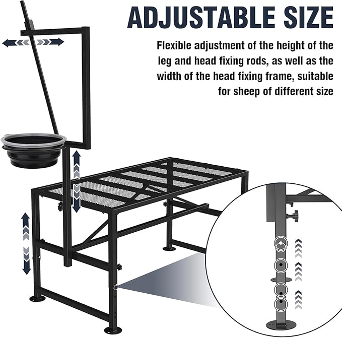 600 LBs Goat Stand with Feed Bin, Goat Milking Stand for Sheep Trimming and Milking, Hoof Trimming Stand Adjustable Size, with Feeder, Iron Black