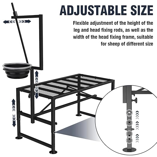 Goat Stand with Feed Bin for Milking, 600LBs Goat Trimming Stand, Livestock Table for Sheep Trimming Hoof and Milking, Iron Black, Adjustable Size