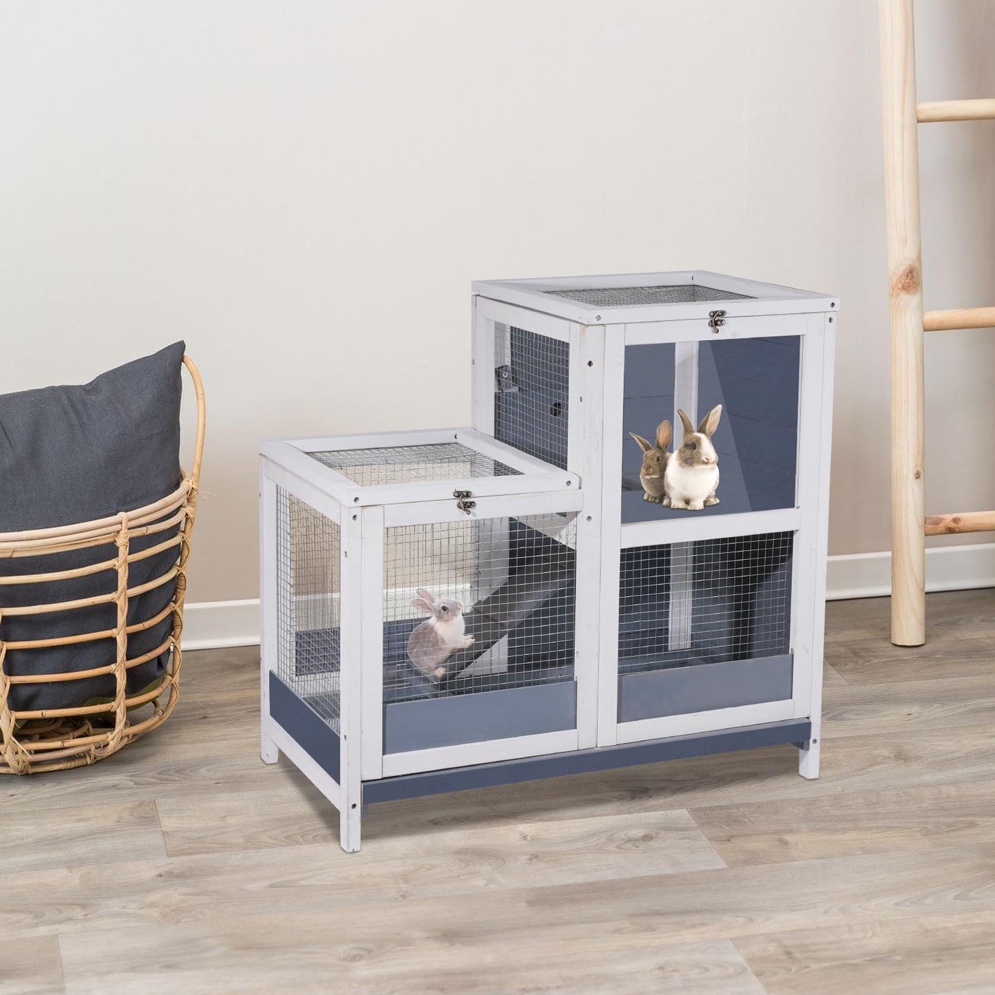2-Story Guinea Pig Cages Wooden Indoor Rabbit Hutch Hamster Cage with Openable Roofs, Removable Tray and Wide Ramp, Small Animal Habitats for Hamsters, Guinea Pig, Ferrets, Hedgehog