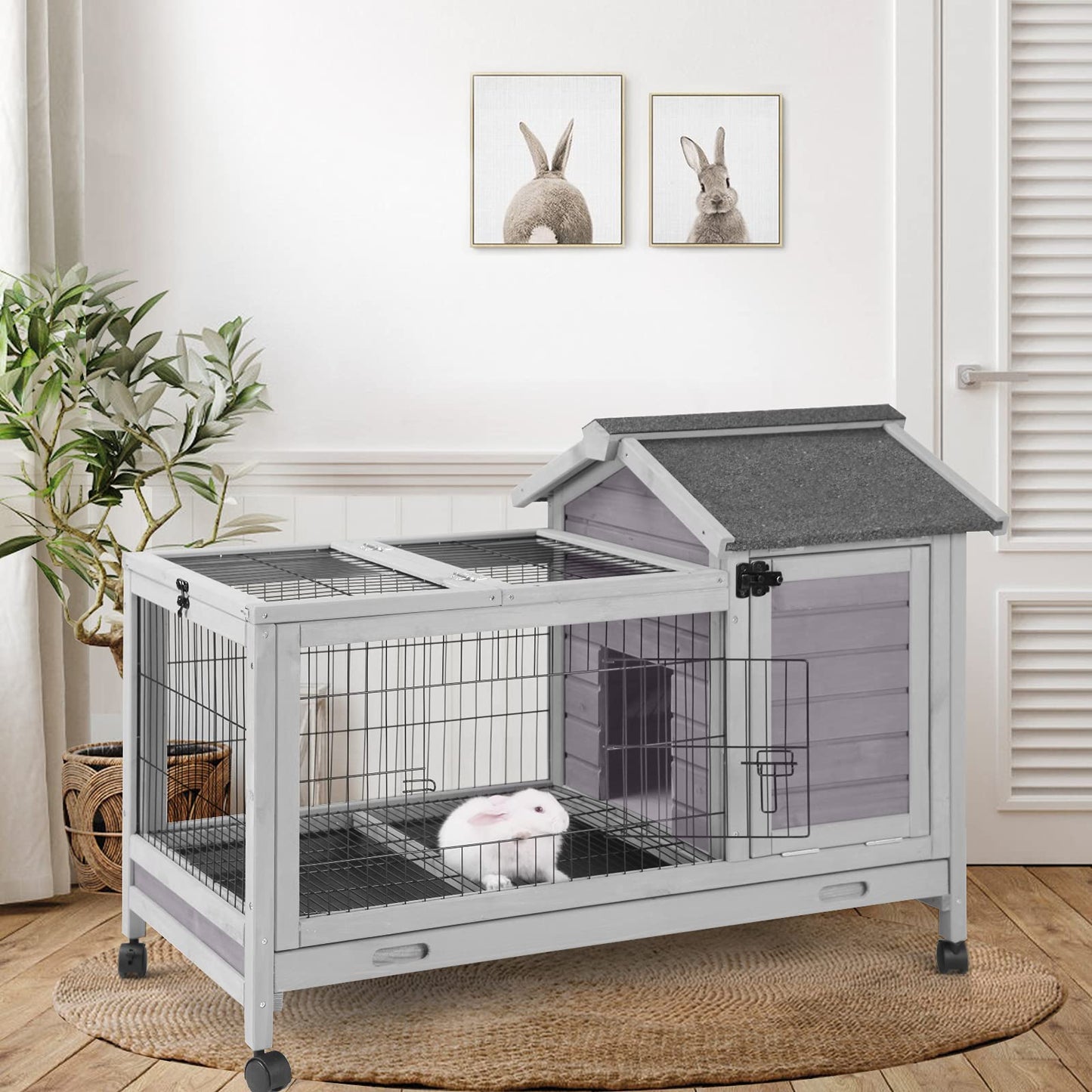 Rabbit Hutch Indoor Outdoor Rabbit Cage Bunny Cage with Run,No Leak Pull Out Tray,Wire Fence