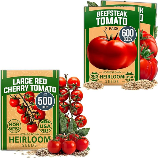 HOME GROWN Heirloom Tomato Seed Collection – Beefsteak & Large Red Cherry (1100+ Non-GMO Seeds for High-Yield Gardening) Solanum lycopersicum
