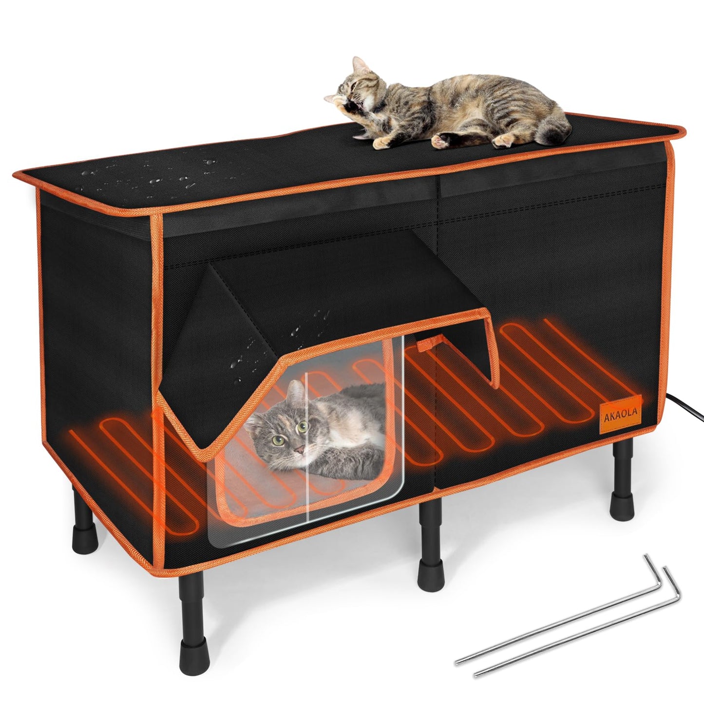 Heated Outdoor Cat House for Outside Winter 100% Waterproof Oxford Tarpaulin with Safe Escape Door and 5" Elevated Base with Heater for Feral Barn Cat Kitty (26“x20”x14“)