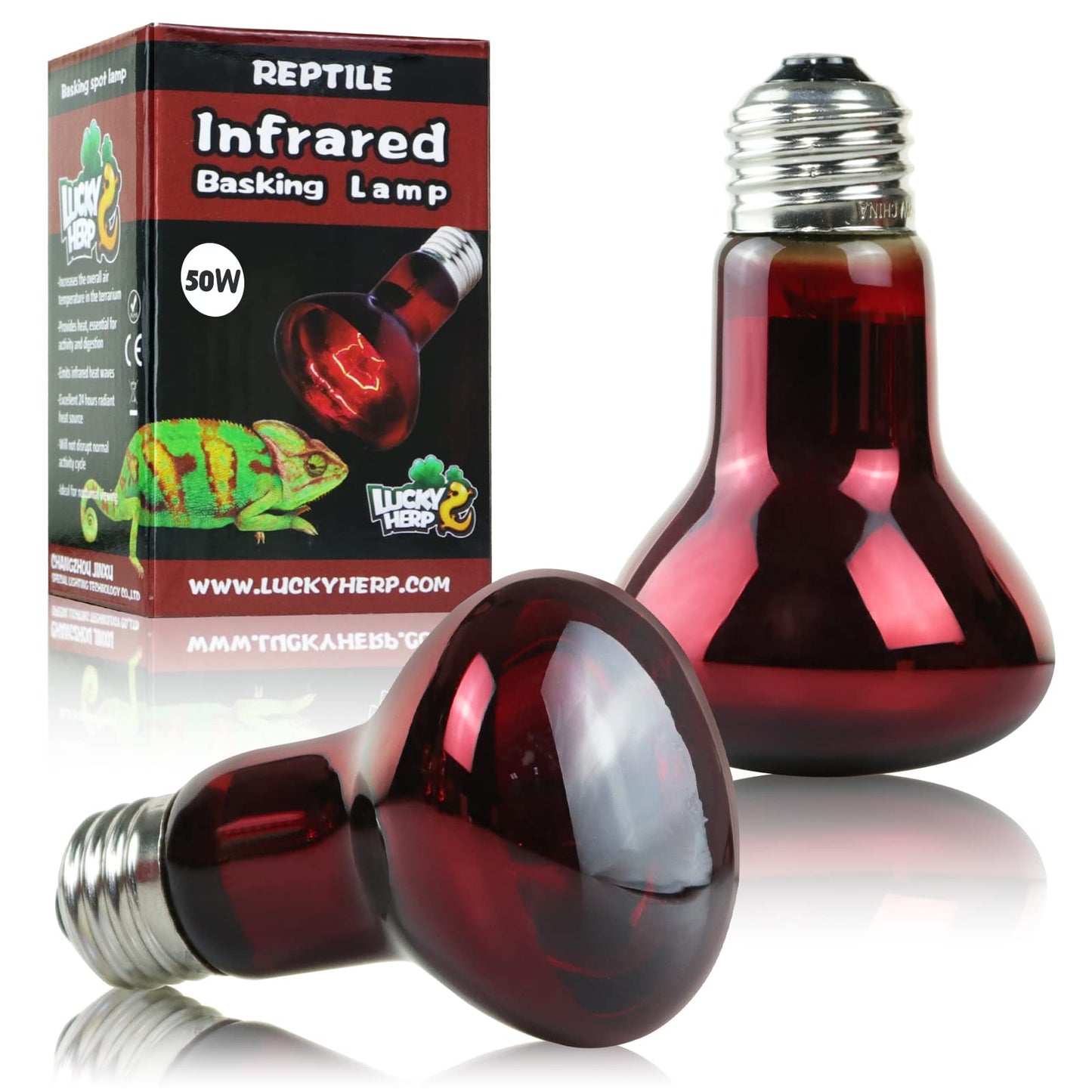LUCKY HERP 50W Reptile Heat Lamp Bulbs 2 Pack, Reptiles & Amphibians Infrared Basking Spot Lamp, Heat Light Bulb for Turtle, Bearded Dragon, Lizard