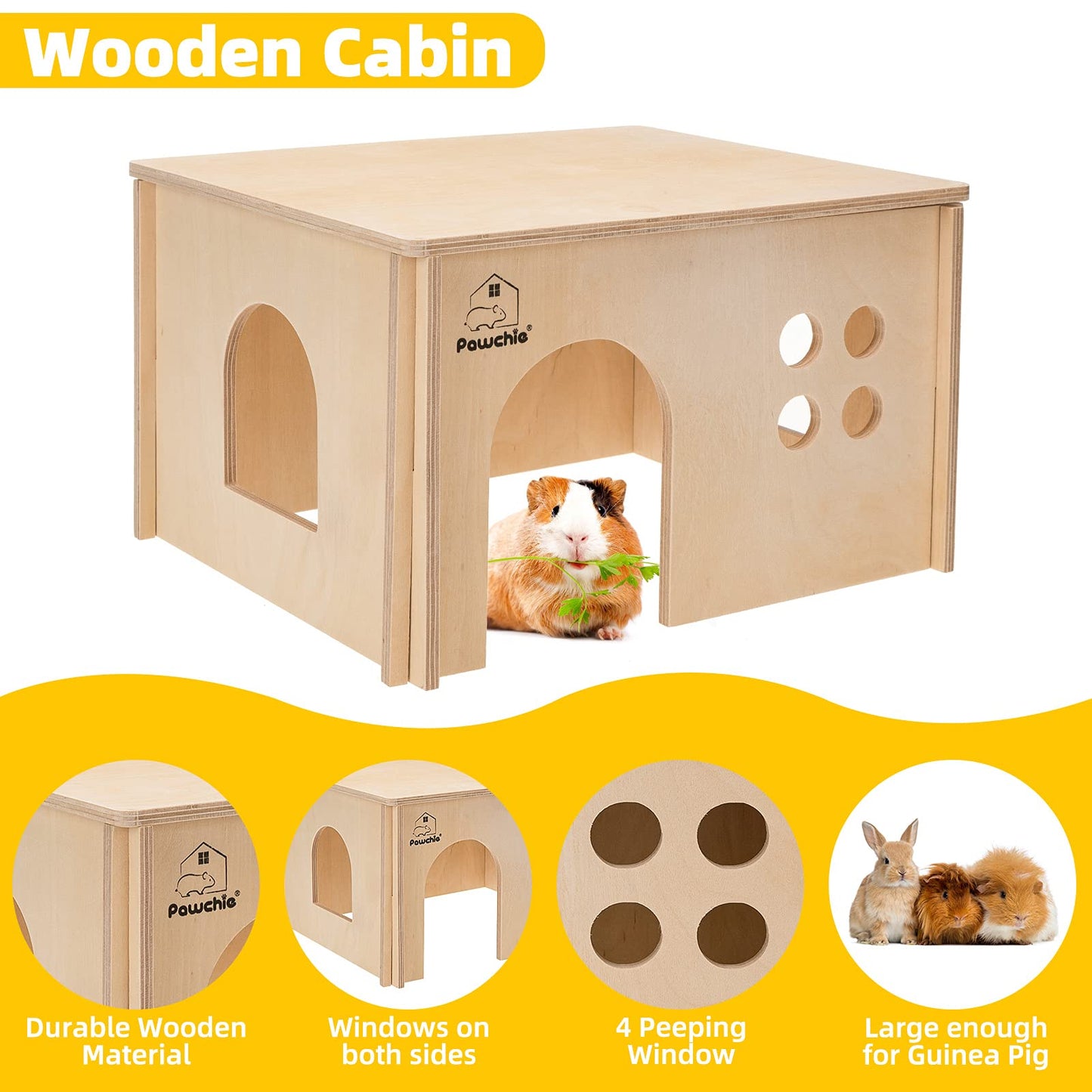 PAWCHIE Guinea Pig House Hide - Wooden Hideout for Chinchilla Small Animals, Habitat with Windows Guinea Pig Hamster Rat Living