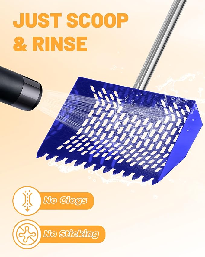 Chicken Poop Scooper & Rake - 2-in-1 Metal Chicken Coop Scoop for Sand with 22 to 62" Adjustable Handle, Litter Sifting Shovel Cleaning Tools for Chicken Run, Animal Farm, Duck Coop Blue