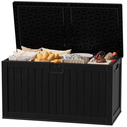 JUMMICO 250 Gallon Outdoor Resin Deck Box with Divider, Waterproof Storage Box with Lockable Lid&Side Handles for Garden Tools, Pools Supplies (Black)