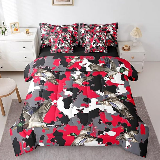 jejeloiu Red Mallard Duck Comforter Set with Sheets Full Size Kids Wild Duck Hunting Bed in a Bag for Boys Girls Camouflage Camo Military Style Hunting Wild Animal 7 Pieces Bedding Set Soft Room Decor