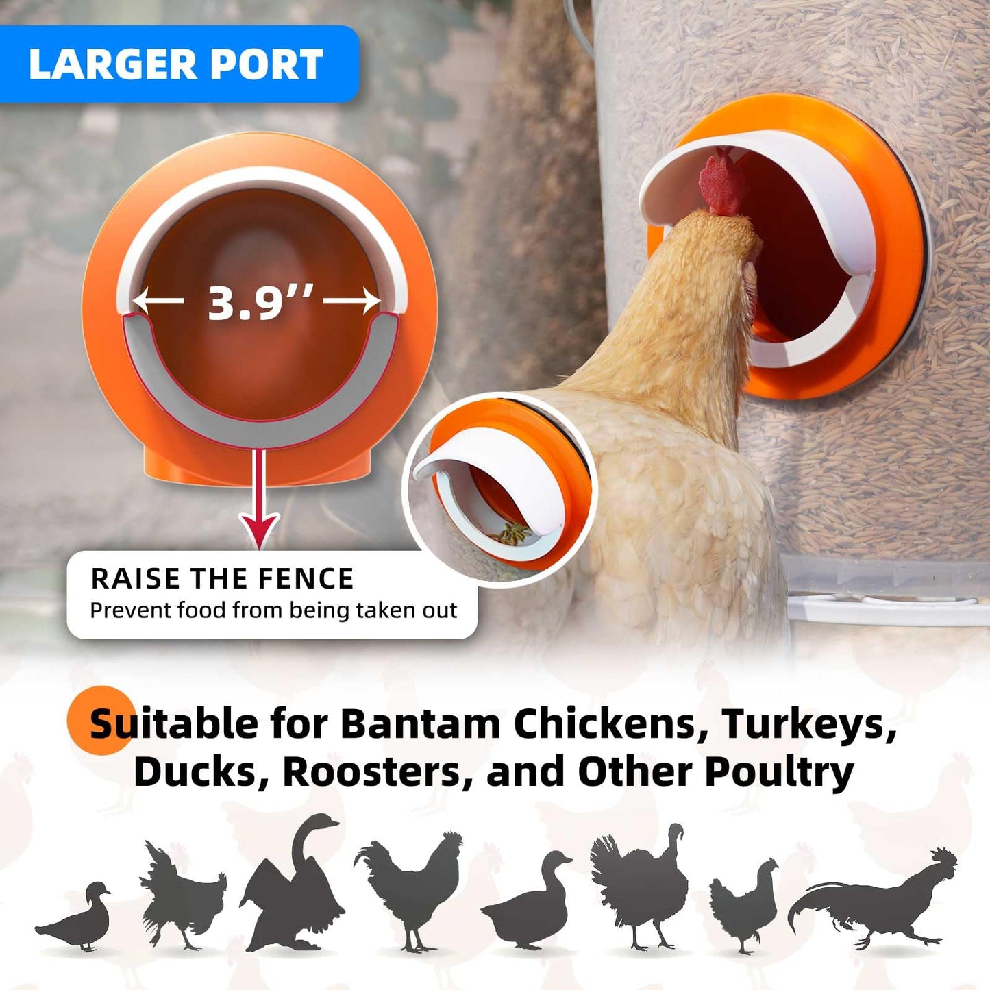 Large Chicken Feeder No Waste, DIY Automatic Chicken Feeder Port with Cover for Duck, Poultry(2 Pack with Caps & Hole Saw)