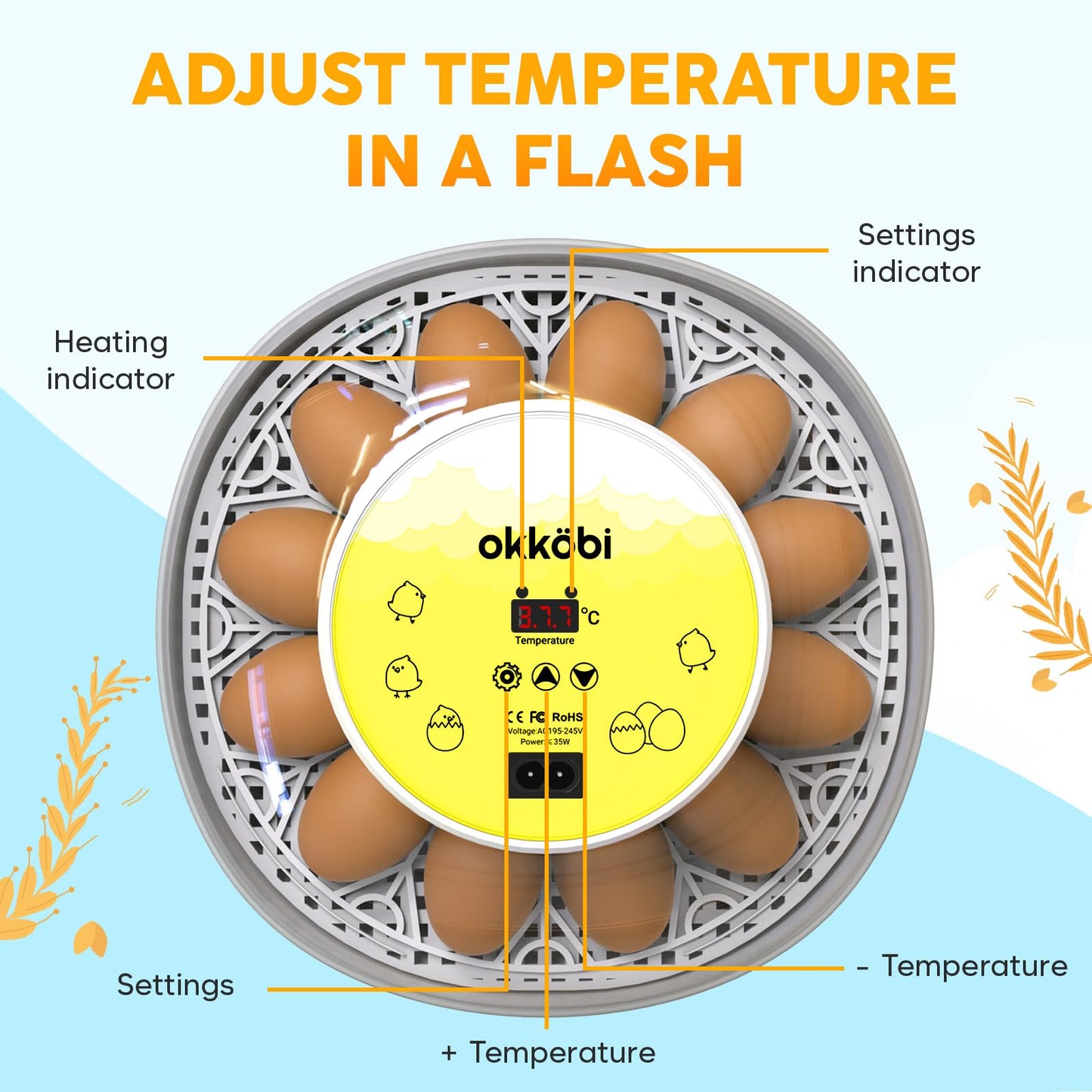 Okkobi M12 Egg Incubator with Automatic Turner and Humidity Control - 12/24 Eggs, 360° View, Easy to Use and Clean - Incubadora de Huevos de Gallina - Incubators for Hatching - White & Yellow