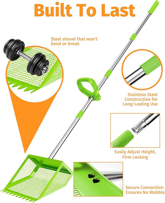 Chicken Poop Scooper & Rake - 2-in-1 Metal Chicken Coop Scoop for Sand with 22 to 62" Adjustable Handle, Litter Sifting Shovel Cleaning Tools for Chicken Run, Animal Farm, Duck Coop, Green