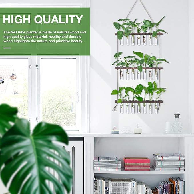 XXXFLOWER Wall Hanging Propagation Station with Wooden Stand 21 Glass Test Tubes 3 Tiered Planters Wall Terrarium for Home Office Plant Hanger Flower Vases Wall Decor Hydroponic Cuttings