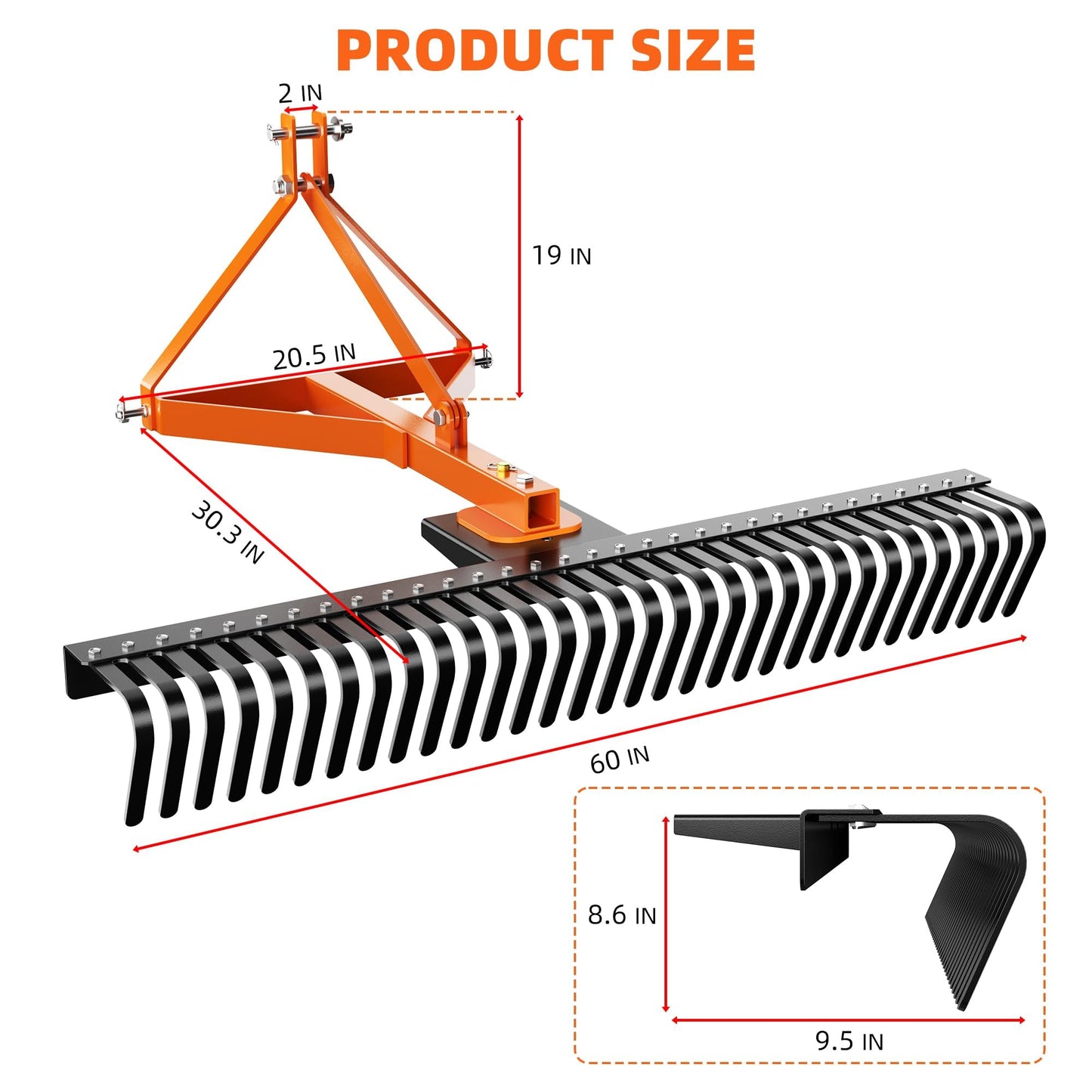 COZONY 3 Point 5FT Landscape Rake, 360 Degree Rotation 60" Rock Rake Fits for Category 1 Hookup, Tow-Behind Garden Tool, Orange