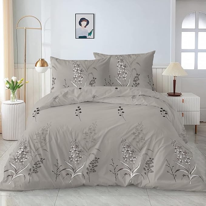 Vintage Grey Leaf Duvet Cover Farmhouse Decor Grey 3D Botanical Flower Print Bedding Set for Boys Girls with Zipper Closure and Corner Ties (King)