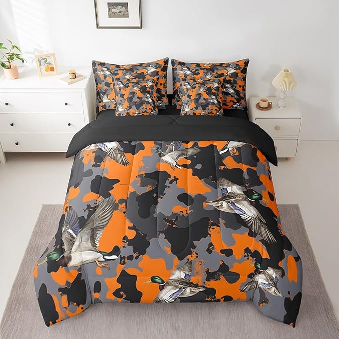 jejeloiu Orange Mallard Duck Comforter Set with Sheets Full Size Kids Wild Duck Hunting Bed in a Bag for Boys Camouflage Camo Military Style Hunting Wild Animal 7 Pieces Bedding Set Soft Room Decor