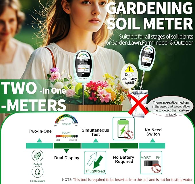 HSLGOVE Soil Test Kit, 2-in-1 Soil Moisture Meter/Soil PH Meter, Dual Screen Soil Tester, Soil Moisture Meter for Plants Watering/Gardening for Lawn,Farm Indoor&Outdoor Use-Greennew
