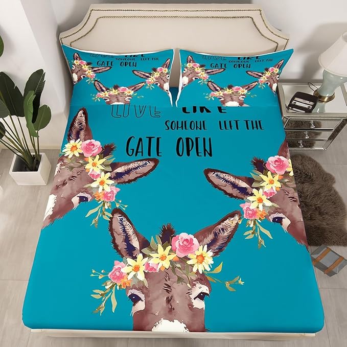Donkey Sheet Set for Kids Boys Girls,Cartoon Funny Donkey Bed Sheets King,Farmhouse Animal Bedding Set,Rustic Botanical Rose Flower Leaves Fitted Sheet + Top Sheet + 2 Pillowcases Bedroom Decor