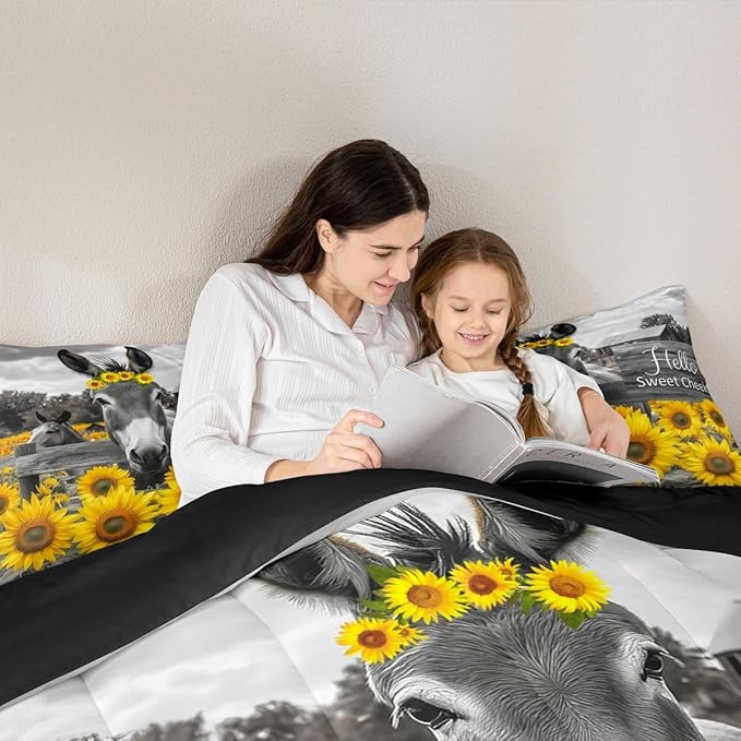 Erosebridal Donkey Comforter Set - Full Size Funny Farm Animal Bedding 3 Piece for Boys & Girls - Rustic Farmhouse Sunflower Duvet Insert - Cute Farm Donkey Print Quilt with 2 Pillowcases